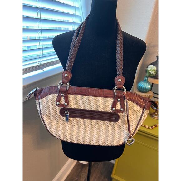 MC heart tan w/ brown embossed trim shoulder bag w/ zip closure silver feet - Picture 2 of 10